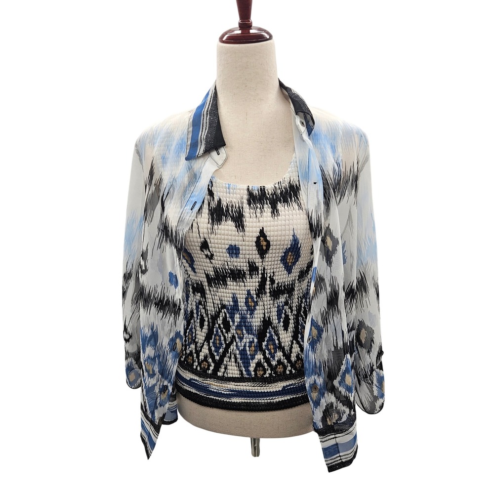 Nicola Blue Abstract‎ Ikat Print Twin Set Sheer Blouse and Popcorn Tank Medium